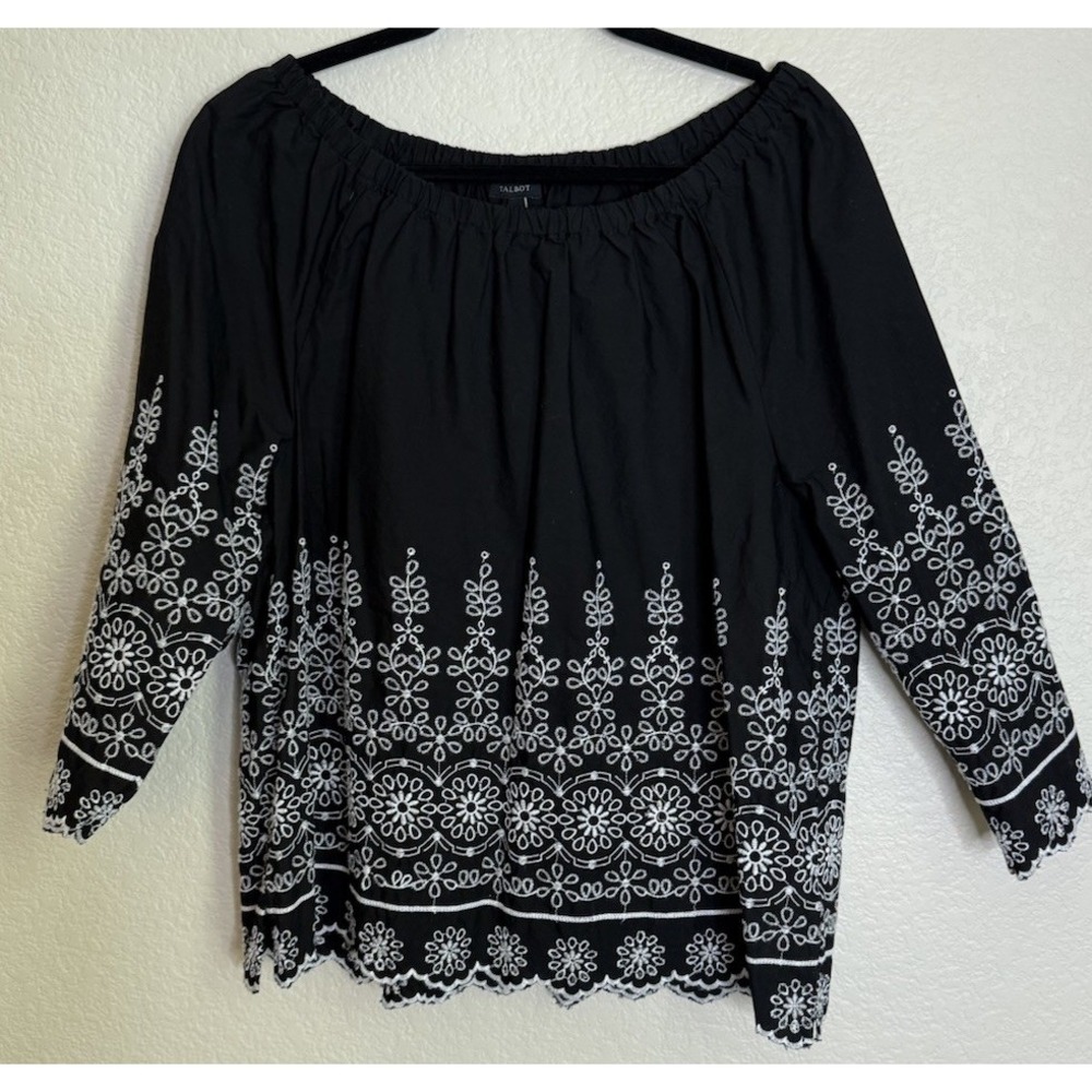 Talbots Womens XL Blouse Black White Eyelet Embroidery Off Shoulder Cotton Top
